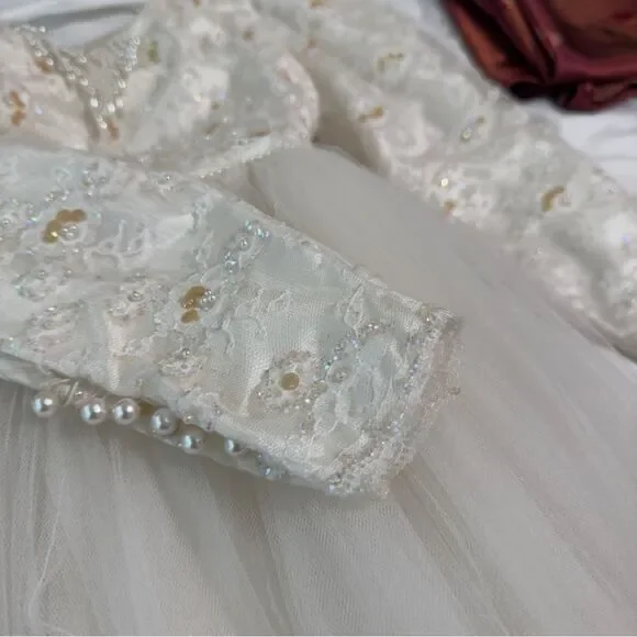 Vintage Ivory Tulle & Lace Flower Girl Dress with Rosette Back & Pearl Detail - Picture 7 of 16